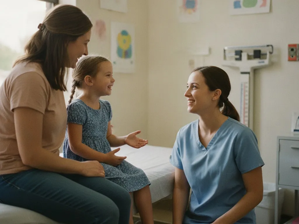 Representative image: a nurse talking with a girl and her mother at a checkup