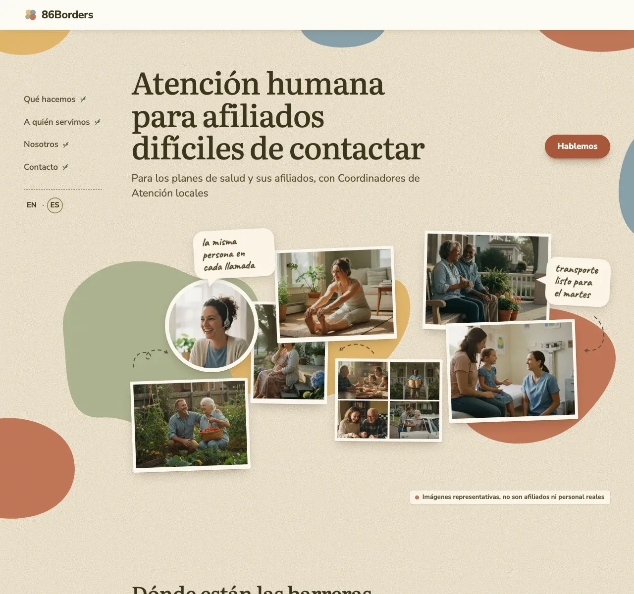 La página de inicio de Collage: un titular con serif cálida sobre un álbum de fotos inclinadas, notas escritas a mano y formas de color suaves