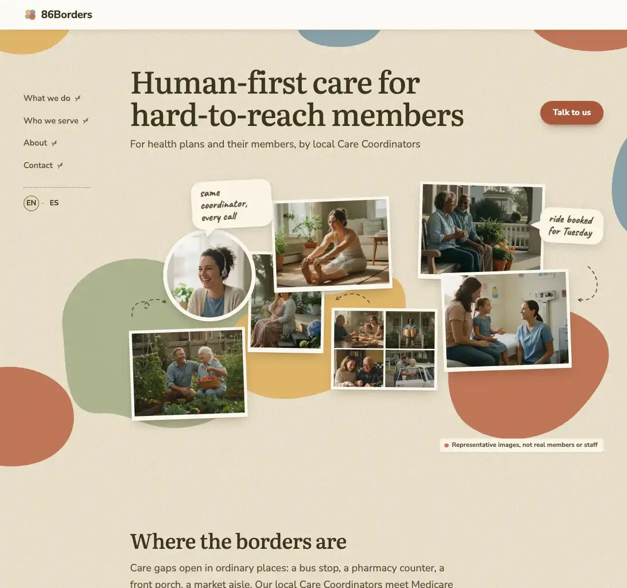 The Collage home page: a warm serif headline over a scrapbook of tilted photo prints, handwritten notes and soft color shapes
