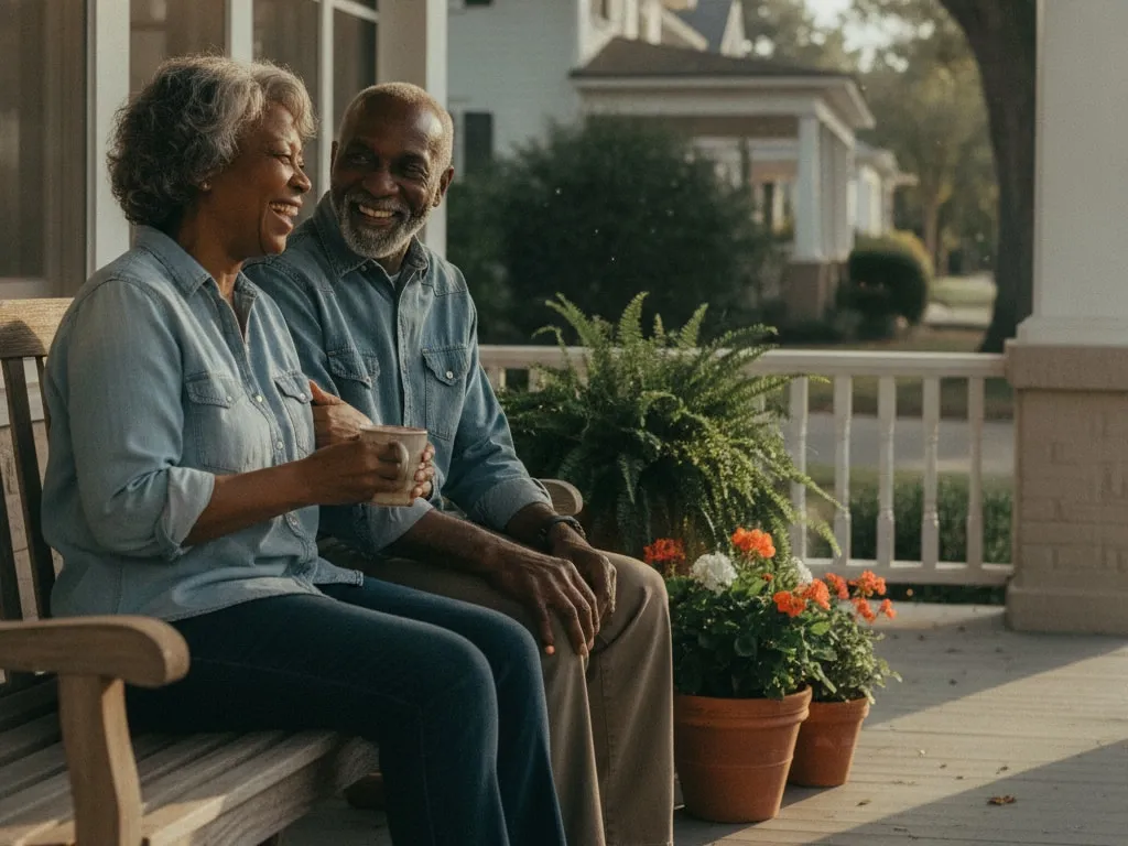 Representative image: an older couple laughing together on a porch bench